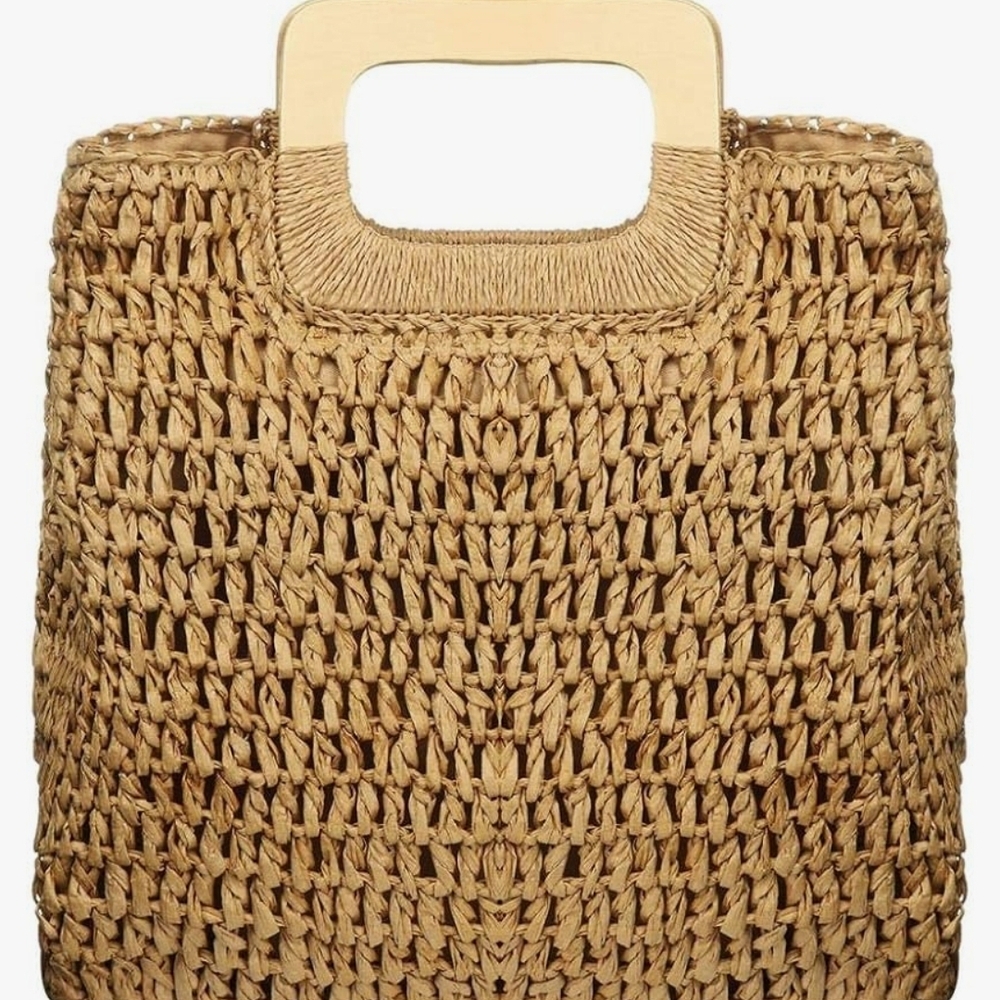 Women's Tan Straw Woven Beach Tote with Wooden Handles